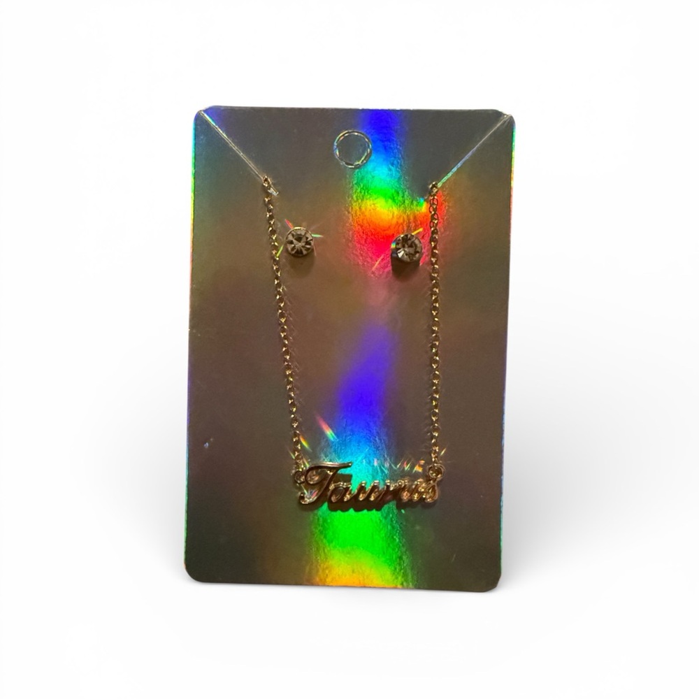#348–❤️$5/$25❤️Gold 'Taurus' Zodiac Nameplate Necklace and Stud Earrings Set